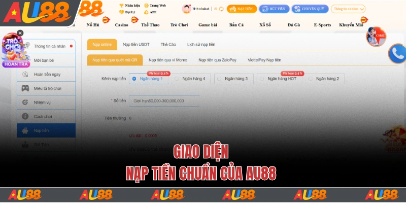 Giao diện nạp tiền chuẩn của Au88